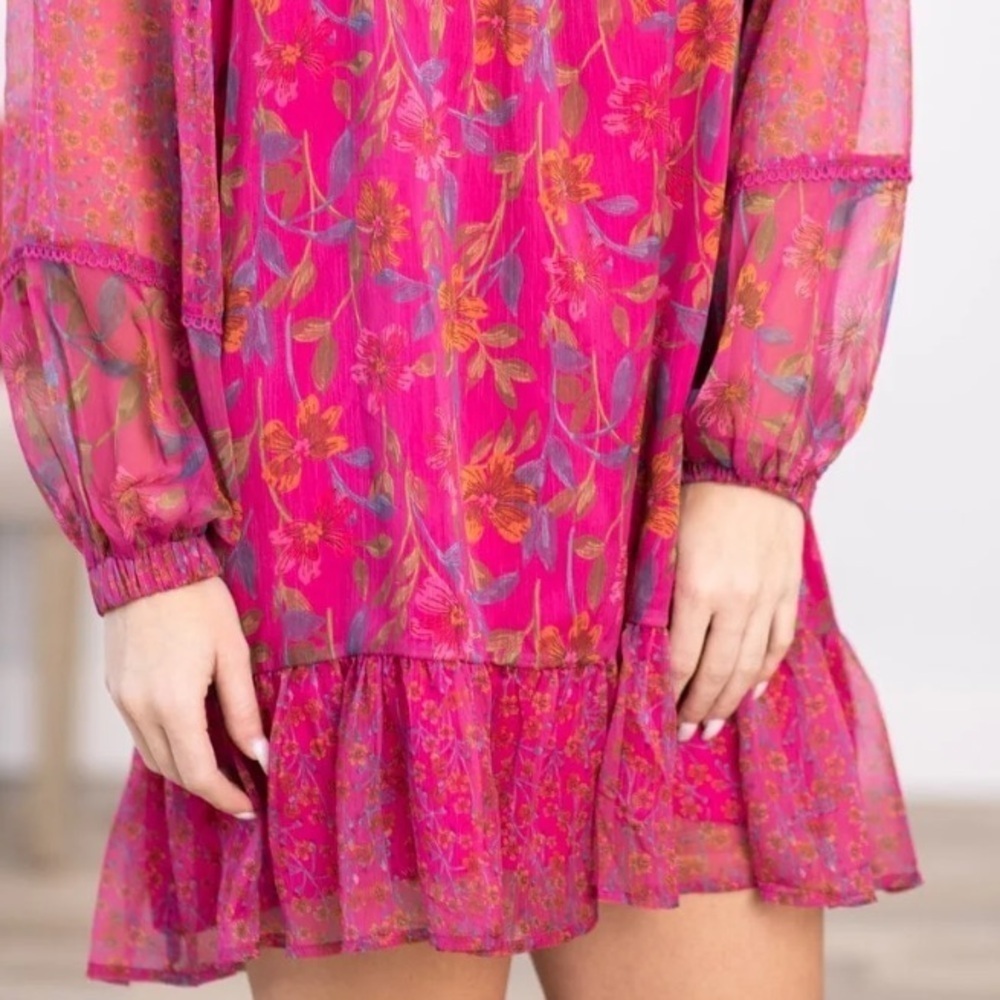 Hailey & Co Floral Boho Style Hot Pink  Long Sleeve Dress Size Medium - Picture 11 of 12